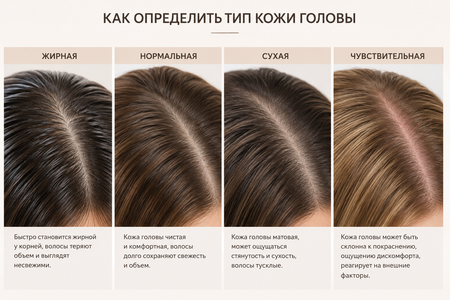 Жирная, нормальная, сухая и чувствительная кожа головы